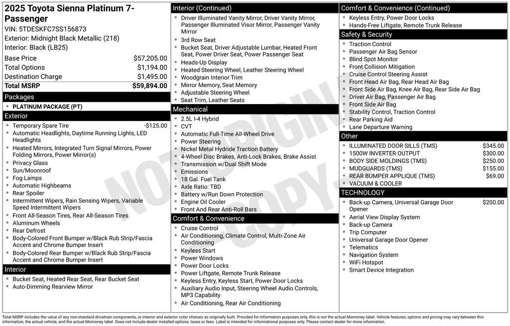 2025 Toyota Sienna Platinum 7 Passenger